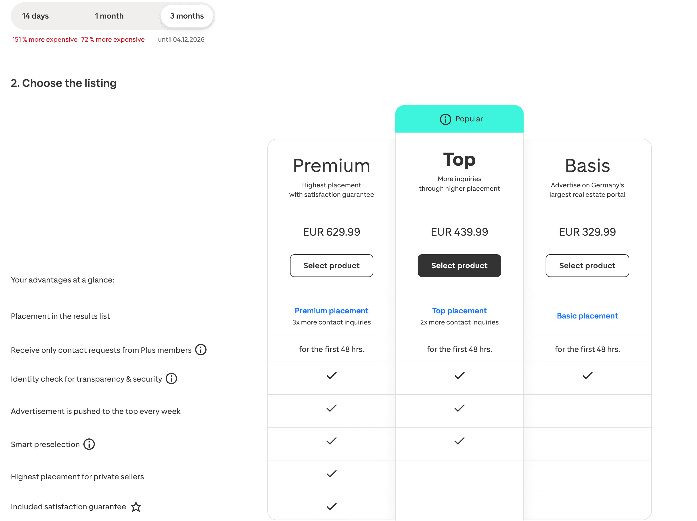 ImmoScout24 Buchungsdialog für private Mietanzeigen mit drei Monaten und den drei Platzierungsstufen