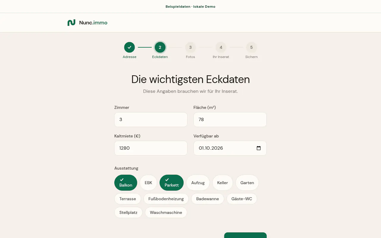 Nunc-Eingabemaske mit Beispieldaten für eine 3-Zimmer-Wohnung, 78 Quadratmeter, 1.280 Euro Kaltmiete sowie ausgewähltem Balkon und Parkett.