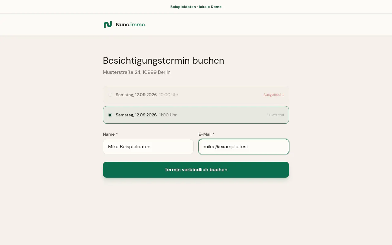 Nunc-Buchungsformular mit einem ausgebuchten Termin für zwei Personen und einem weiteren Termin mit einem freien Platz.